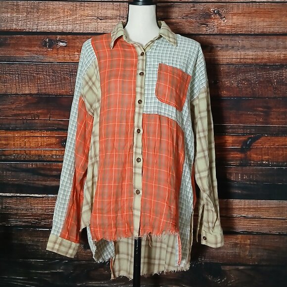 Easel Top S Patchwork Distressed Button Front Asymmetrical Fringe Plaid Shirt - Picture 2 of 9